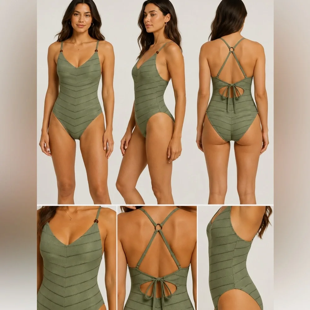 NWT Time and Tru Olive Green V-Neck One Piece‎ Swimsuit Size Medium